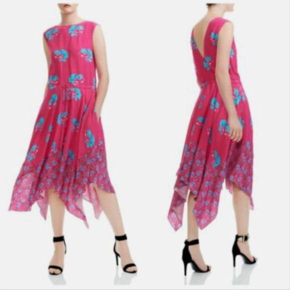 Maje NWT Rushia Pink and Blue Floral Handkerchief Hem Dress Size Large - Picture 2 of 16